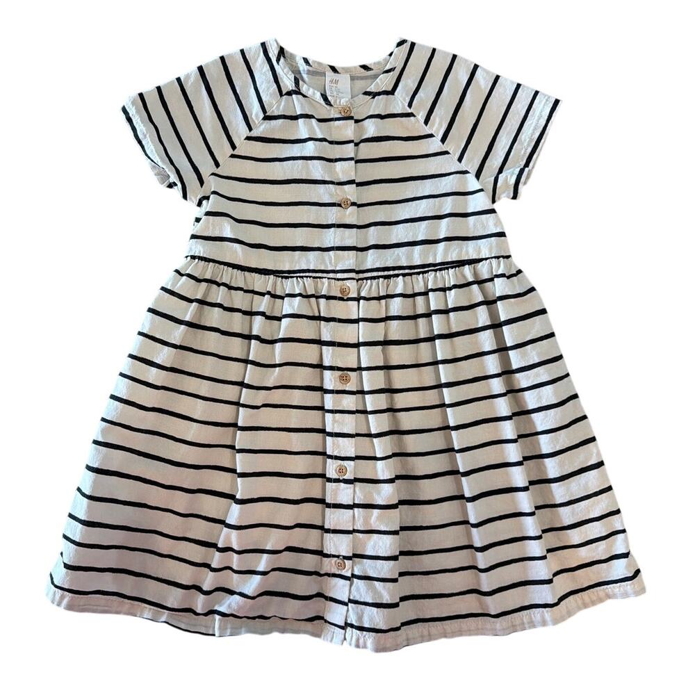 H&M Striped Button-Front Cotton Dress, Black & White, Toddler Girls 2-3Y